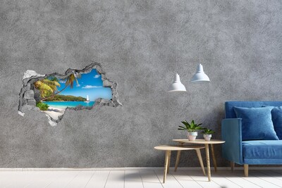 Vinilo efecto 3d pared rota irregular Playa tropical con palmeras