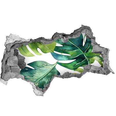 Pegatina decorativa agujero en la pared 3d Hojas tropicales verdes en una pared dañada