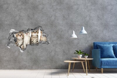 Vinilo efecto 3d pared rota irregular El trío de gatos detrás del agujero en la pared.