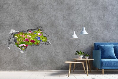 Vinilo efecto 3d pared rota irregular Un paraíso de flores detrás del muro.