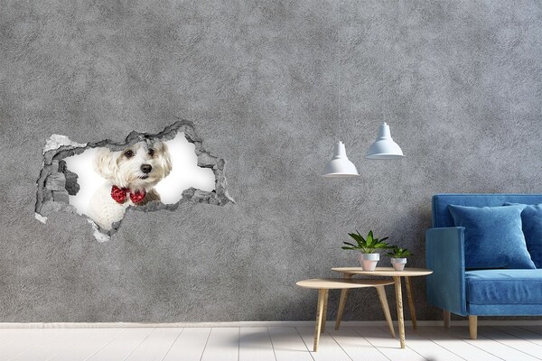 Pegatina decorativa agujero en la pared 3d Perro con suéter atravesando un agujero en la pared