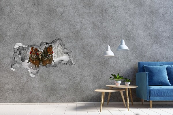 Pegatina decorativa agujero en la pared 3d Viaje de invierno con caballos