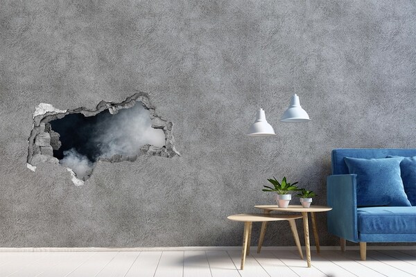 Vinilo efecto 3d pared rota irregular Una pared rota con vista a la nube.