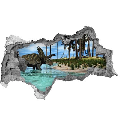 Vinilo efecto 3d pared rota irregular Dinosaurio en un paraíso tropical