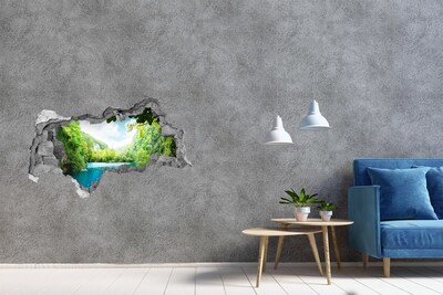 Vinilo efecto 3d pared rota irregular Valle verde con un lago