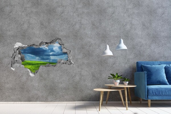 Vinilo efecto 3d pared rota irregular Prado verde bajo las nubes