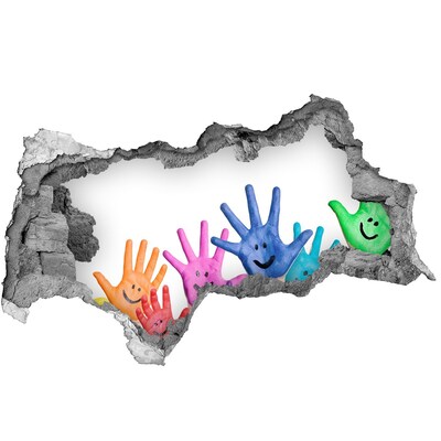Pegatina decorativa agujero en la pared 3d Manos alegres sobre el fondo de hormigón.