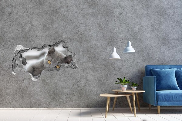Pegatina decorativa agujero en la pared 3d Gato gris en un agujero en la pared