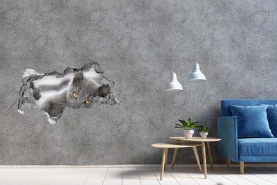Pegatina decorativa agujero en la pared 3d Gato gris en un agujero en la pared