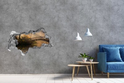 Pegatina decorativa agujero en la pared 3d Un puente en un parque con niebla