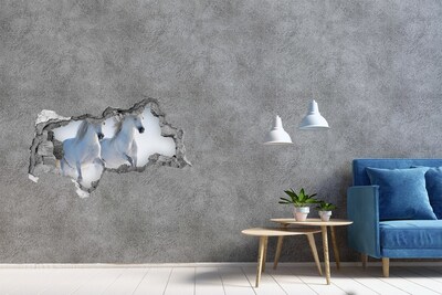 Vinilo efecto 3d pared rota irregular Caballos blancos en fuga
