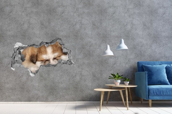Vinilo efecto 3d pared rota irregular Lindo cachorro en un agujero en la pared