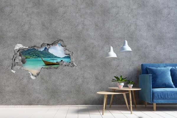 Fotomural autoadhesivo efecto agujero 3d Playa paradisíaca con barco
