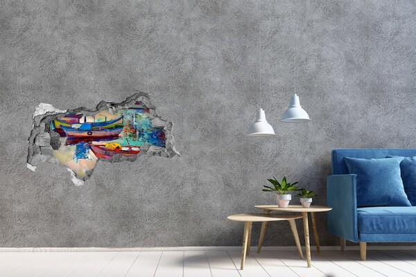 Pegatina decorativa agujero en la pared 3d Barcos pintorescos en el agua