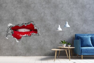 Vinilo efecto 3d pared rota irregular Labios rojos en un agujero en la pared.