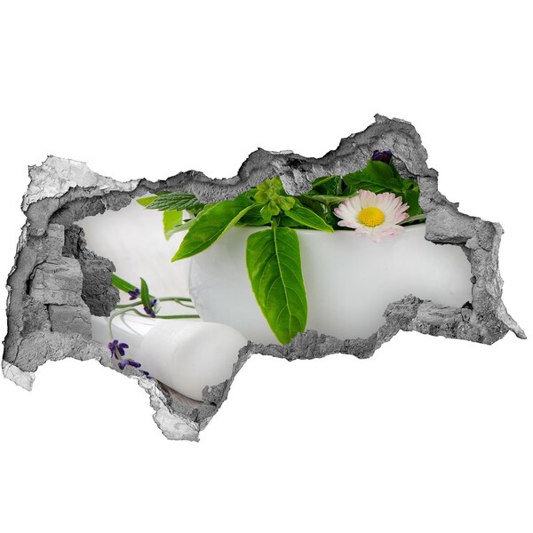 Fotomural autoadhesivo efecto agujero 3d Vegetación verde en el muro dañado