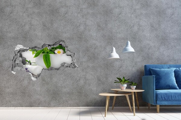 Fotomural autoadhesivo efecto agujero 3d Vegetación verde en el muro dañado