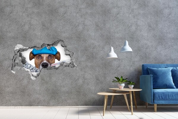 Pegatina decorativa agujero en la pared 3d Perro enfermo con sombrero