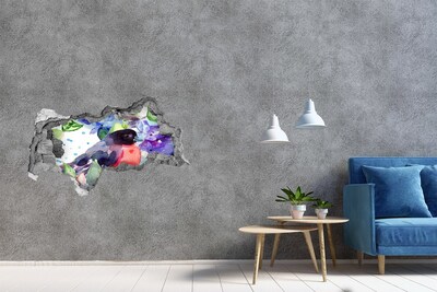 Vinilo efecto 3d pared rota irregular Un pájaro en una composición colorida.