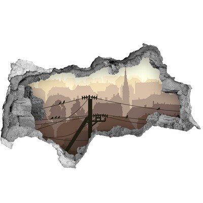 Vinilo adhesivo boquete en la pared rota Vista de la ciudad a través de un agujero en la pared.