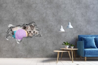 Vinilo efecto 3d pared rota irregular El gatito detrás de la pared