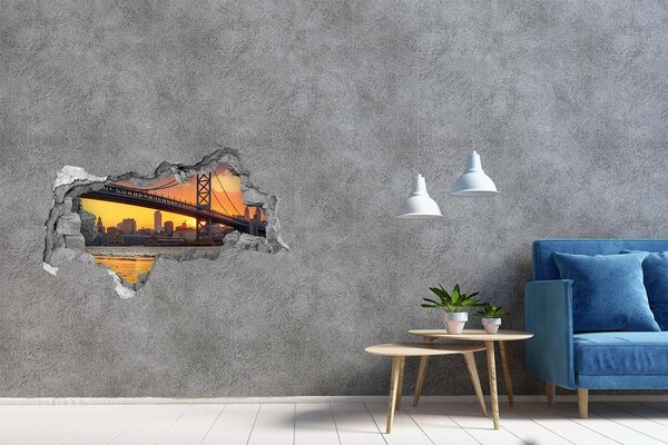 Vinilo efecto 3d pared rota irregular Puesta de sol sobre el puente