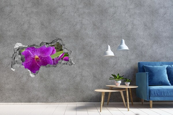 Vinilo efecto 3d pared rota irregular Flor de orquídea en un agujero en la pared.