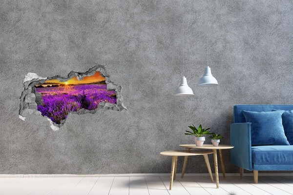 Vinilo efecto 3d pared rota irregular Campo de lavanda al atardecer