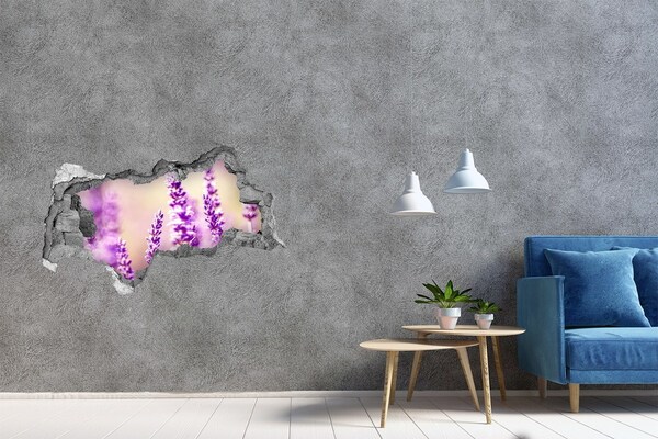 Vinilo efecto 3d pared rota irregular Flores de lavanda en una pared rota