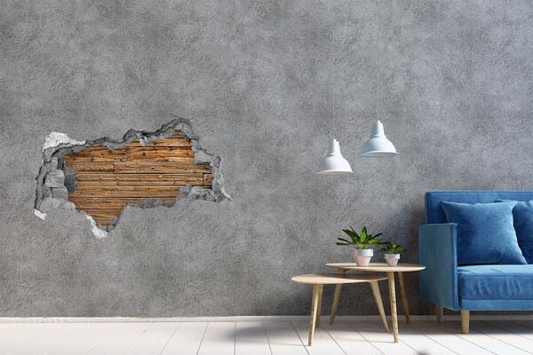 Pegatina decorativa agujero en la pared 3d Una pared dañada con tablones de madera.