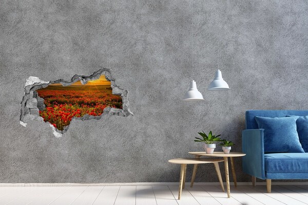 Vinilo efecto 3d pared rota irregular Paisaje floral al atardecer