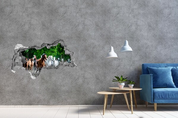 Fotomural autoadhesivo efecto agujero 3d Una manada de caballos en fuga