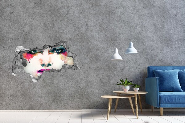 Vinilo adhesivo boquete en la pared rota Un retrato colorido en un agujero en la pared.