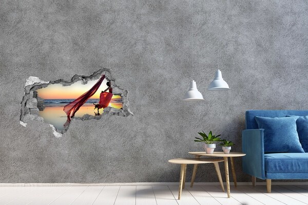 Pegatina decorativa agujero en la pared 3d Bailando en la playa al atardecer