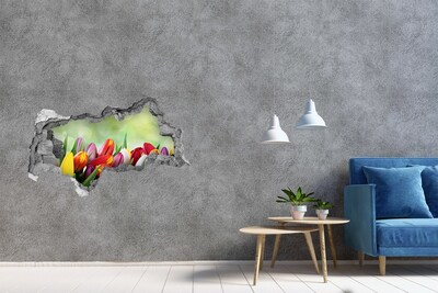 Vinilo efecto 3d pared rota irregular Un paraíso de flores detrás del muro.