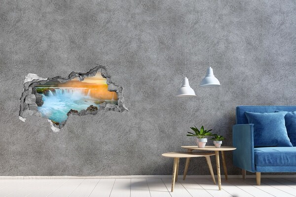 Vinilo efecto 3d pared rota irregular Cascada en la puesta de sol