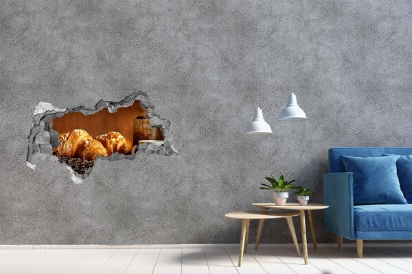 Pegatina decorativa agujero en la pared 3d Deliciosos croissants en un agujero en la pared