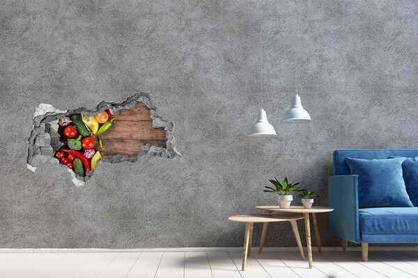 Fotomural autoadhesivo efecto agujero 3d Frutas y verduras en un agujero en la pared