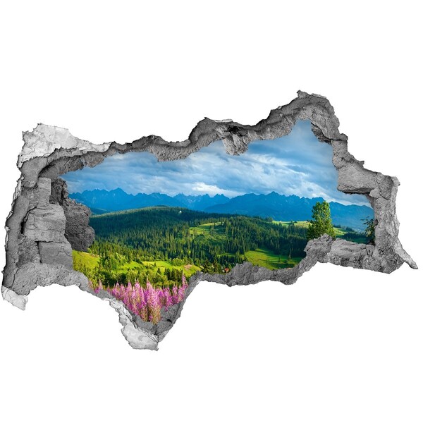 Vinilo efecto 3d pared rota irregular paisaje de montaña con flores