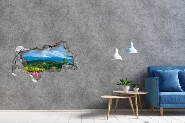 Vinilo efecto 3d pared rota irregular paisaje de montaña con flores