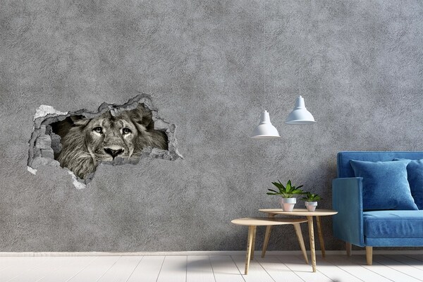 Vinilo efecto 3d pared rota irregular Retrato de un león a través de un agujero en la pared.