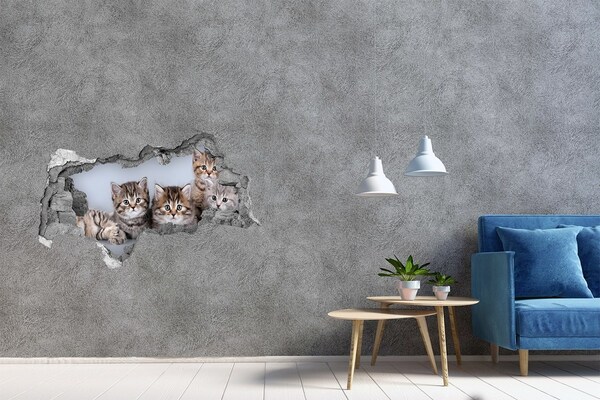 Vinilo efecto 3d pared rota irregular Gatitos en un agujero en la pared