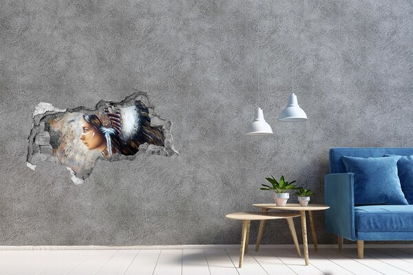 Vinilo efecto 3d pared rota irregular Retrato de una mujer guerrera india
