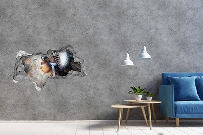 Vinilo efecto 3d pared rota irregular Retrato de una mujer guerrera india