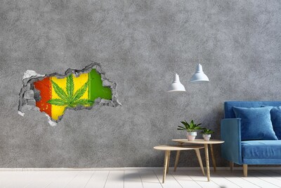 Vinilo efecto 3d pared rota irregular Hoja de cannabis verde sobre un fondo amarillo-rojo-verde