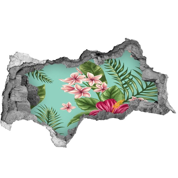 Vinilo efecto 3d pared rota irregular Paraíso tropical con flores