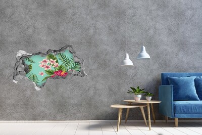 Vinilo efecto 3d pared rota irregular Paraíso tropical con flores
