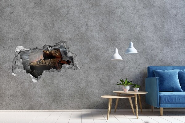 Pegatina decorativa agujero en la pared 3d Tanque en las ruinas de la ciudad
