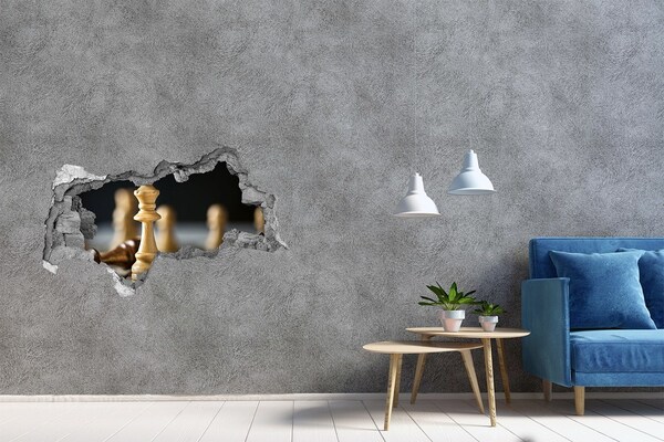 Vinilo adhesivo boquete en la pared rota Jugando al ajedrez a través de un agujero en la pared