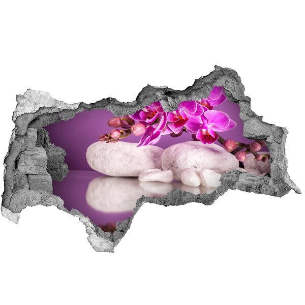 Fotomural autoadhesivo efecto agujero 3d Orquídea sobre un fondo de piedras.